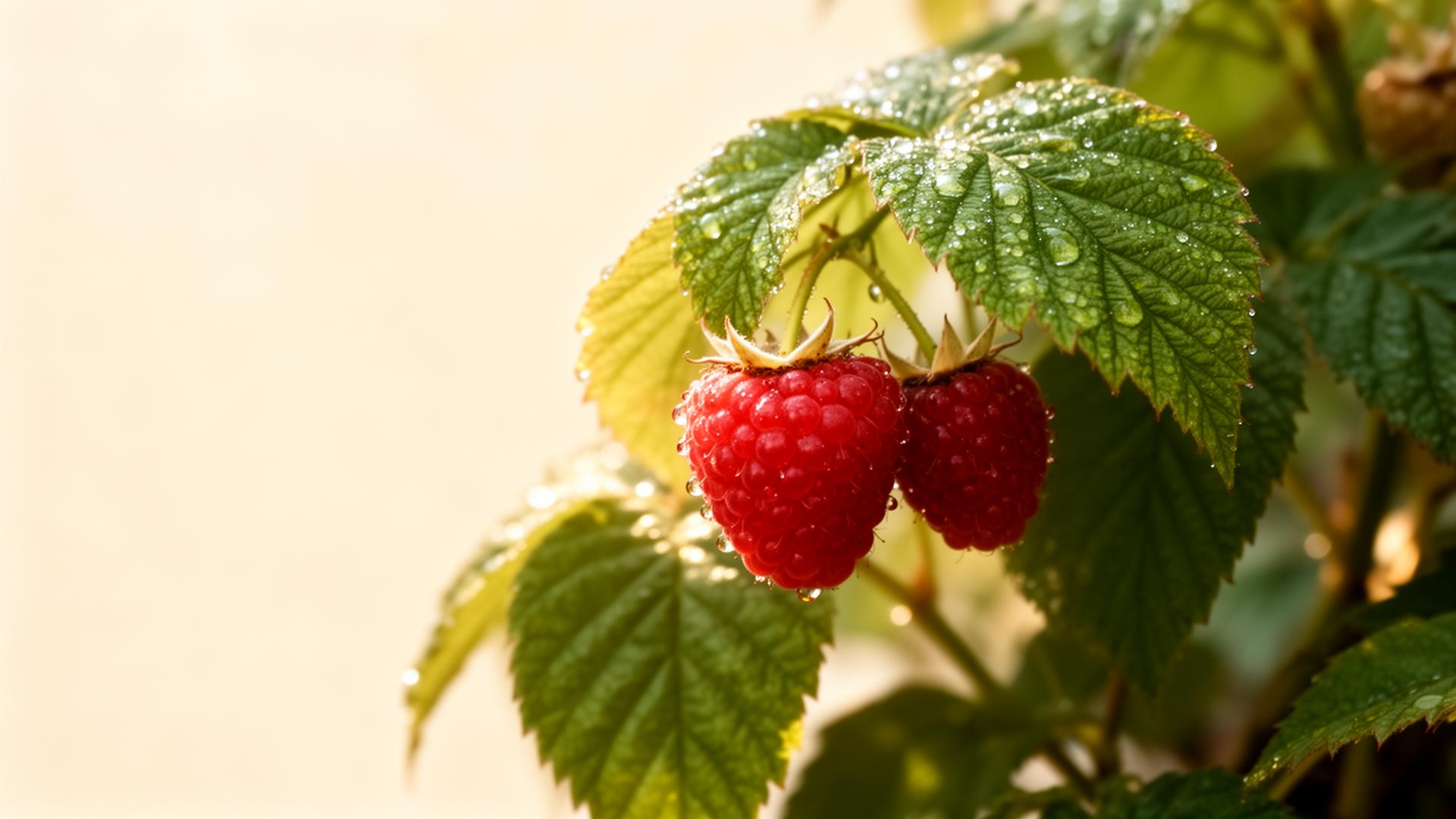 Fresh raspberries on the vine with morning dew